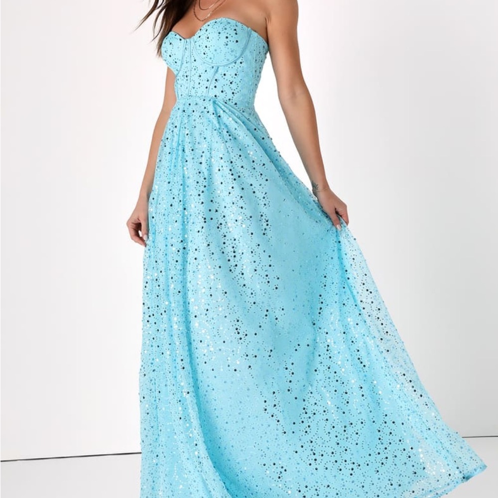 Radiant Reflection Light Blue Sequin Tulle Strapless Maxi Dress